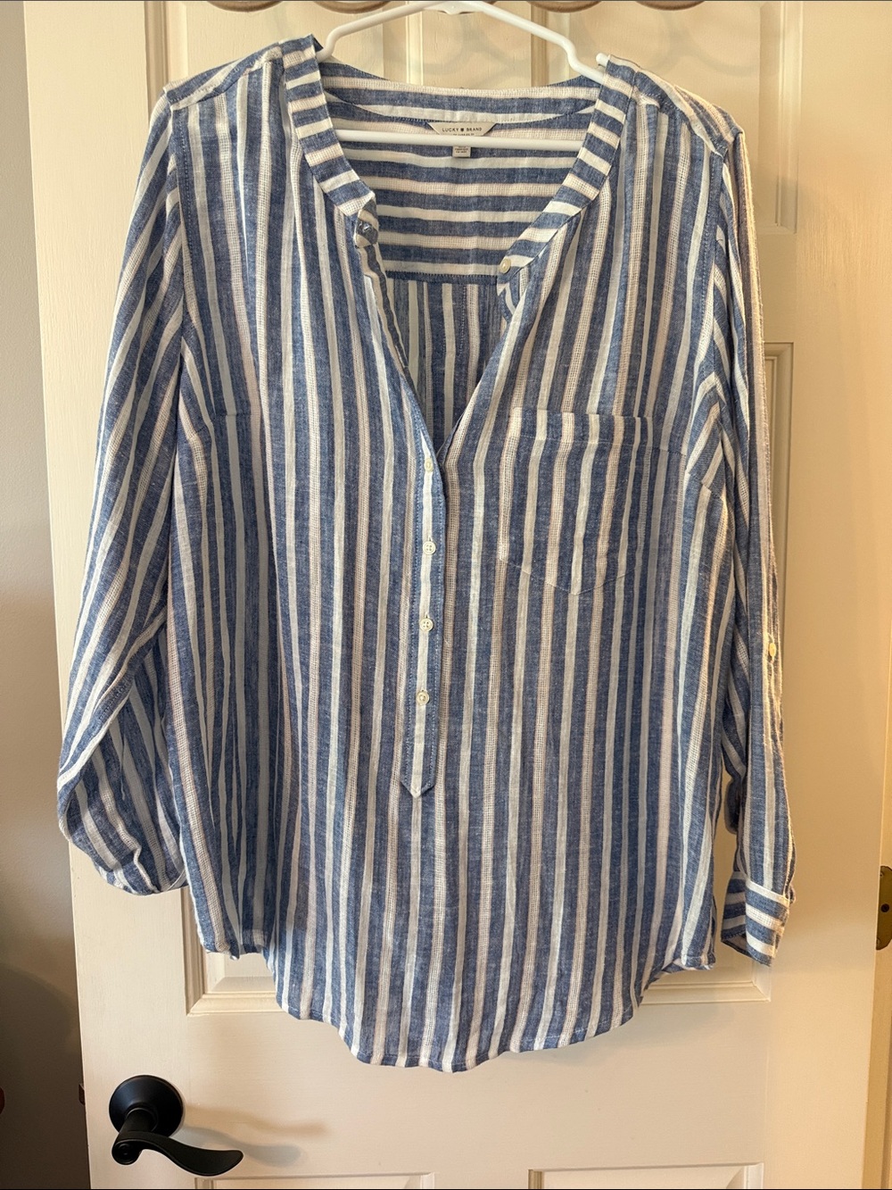 Lucky Brand Blue and White Striped Linen Blend Button Pullover